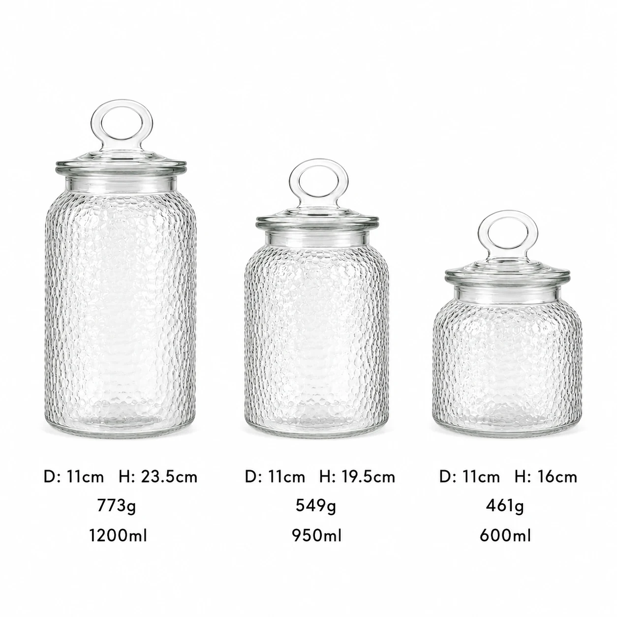 Hammered glass storage jar set with ring-shaped lid knobs