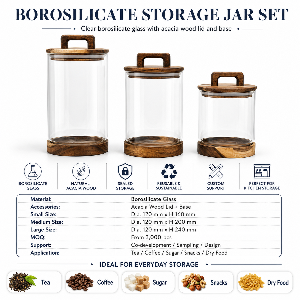Borosilicate glass storage jar set with acacia wood lid and base
