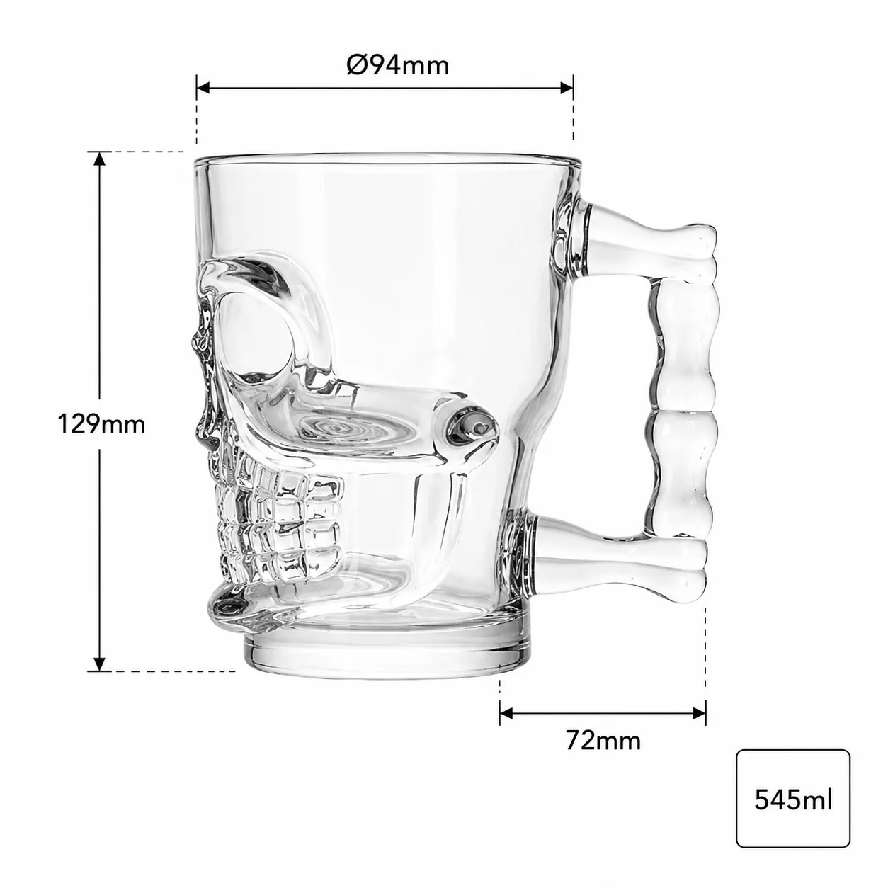 Skull-shaped 545 ml glass beer mug