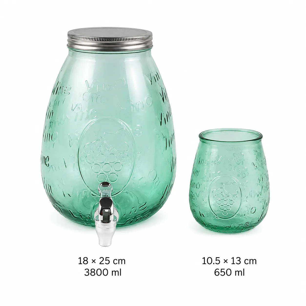 Green grape embossed glass dispenser and cup set