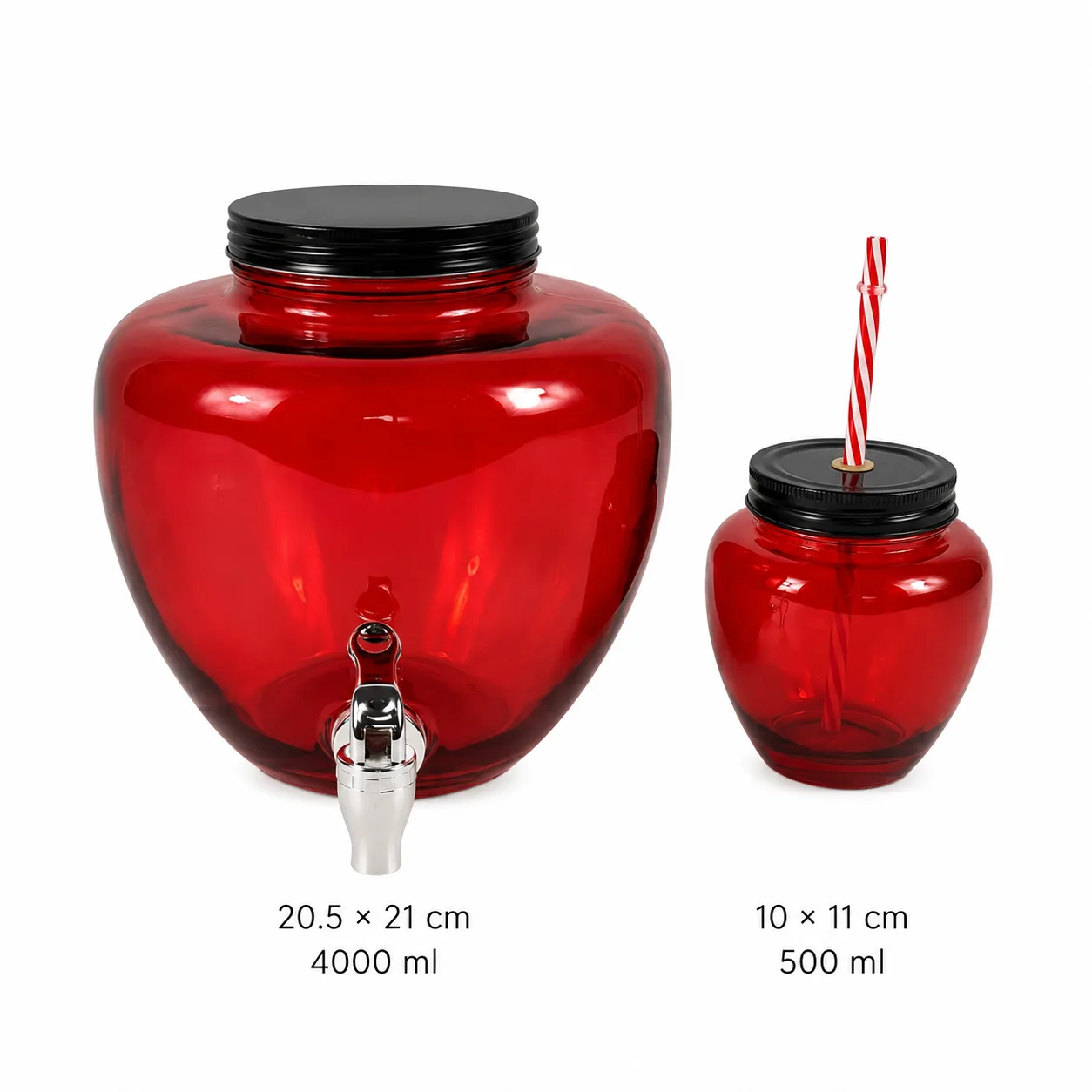 Red apple glass dispenser and straw jar set