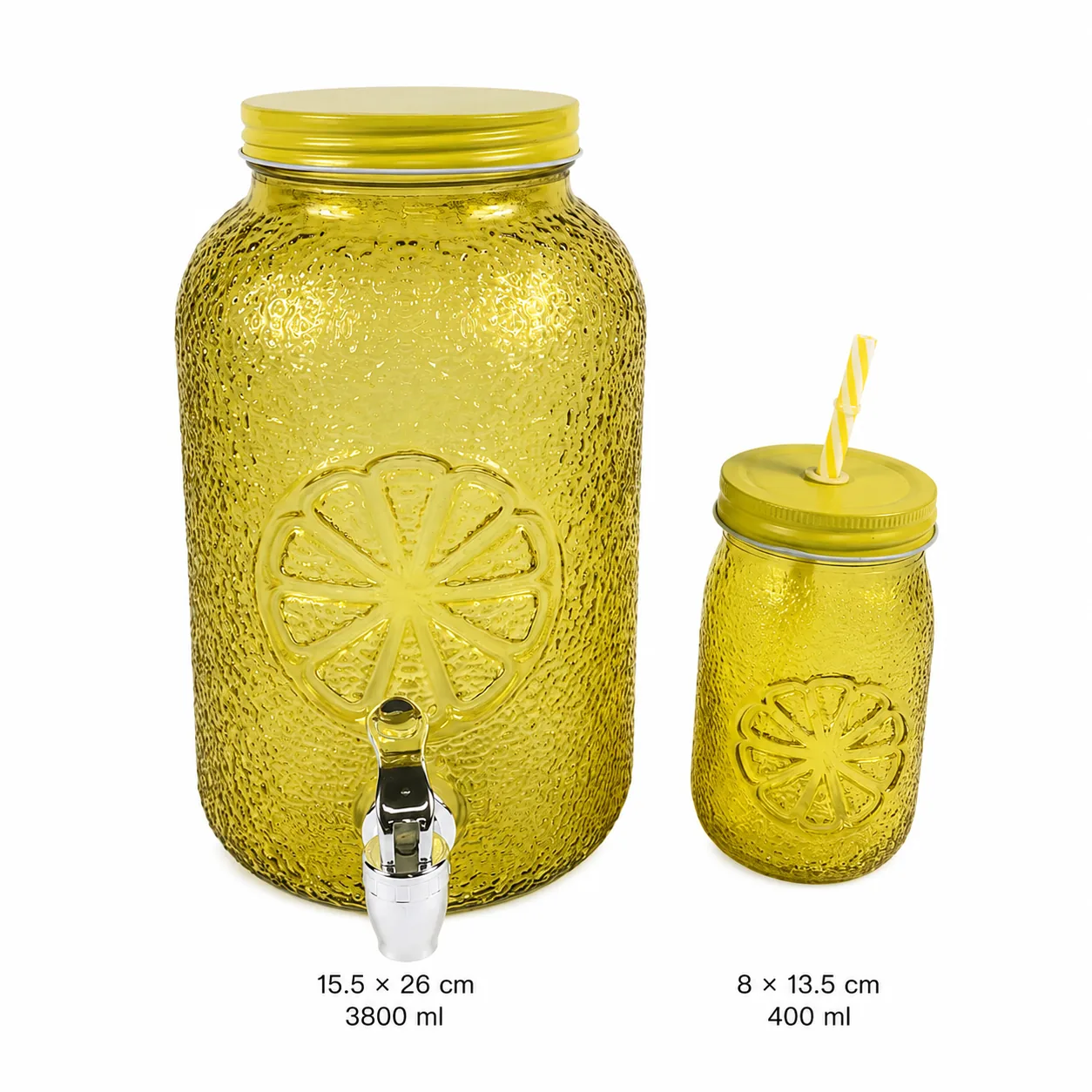 Yellow citrus glass dispenser and straw jar set