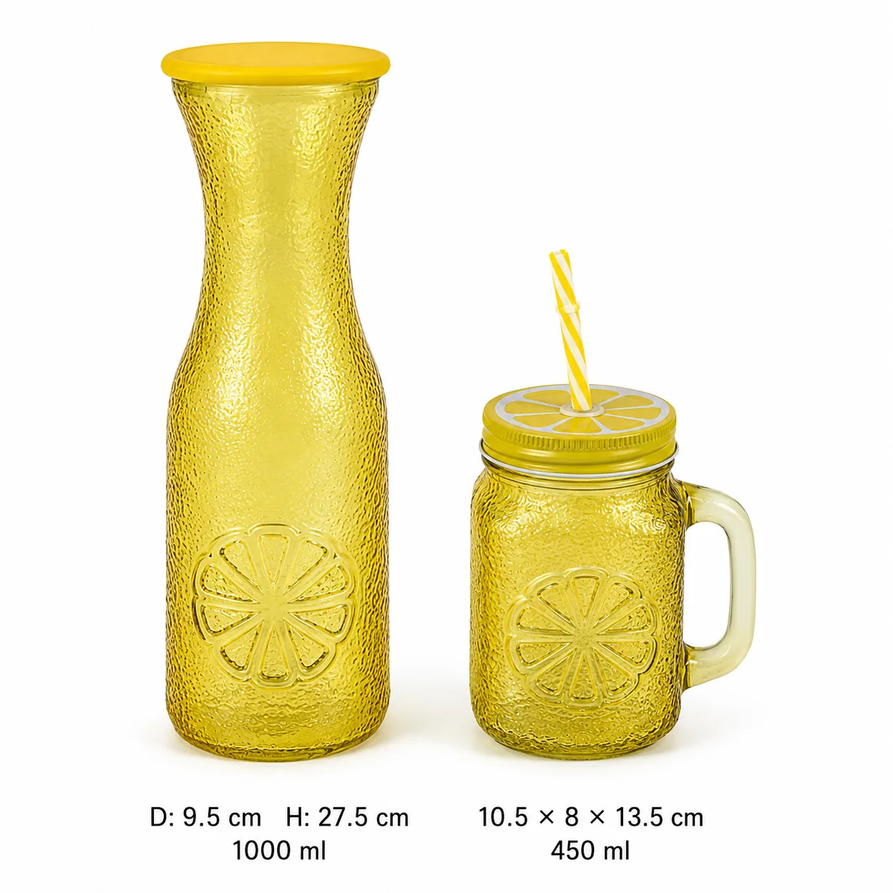 Yellow citrus glass carafe and straw mug set
