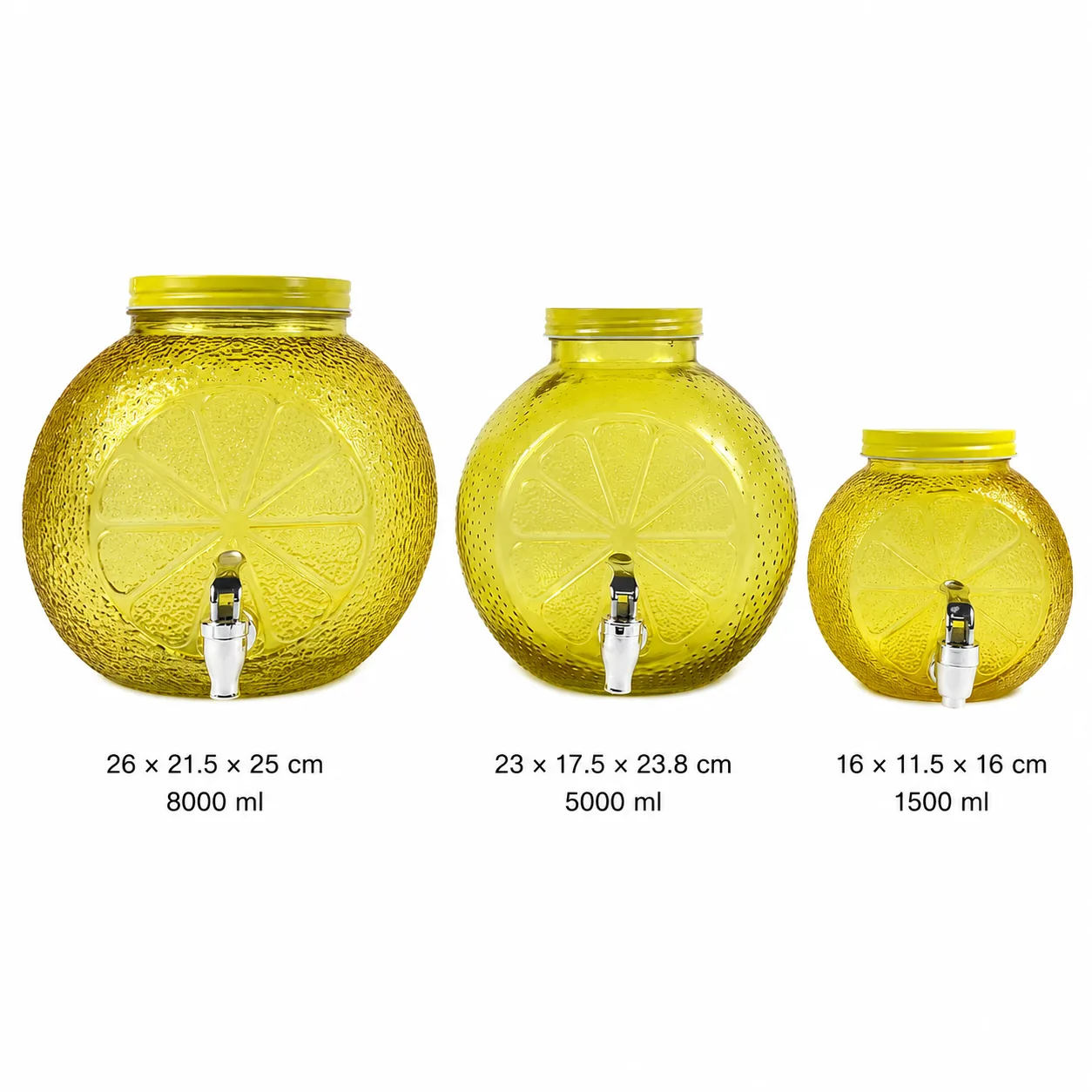 Yellow citrus glass dispensers in three sizes