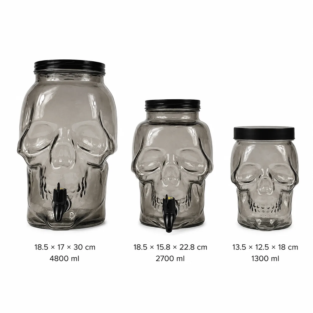 Skull glass dispenser set in three sizes