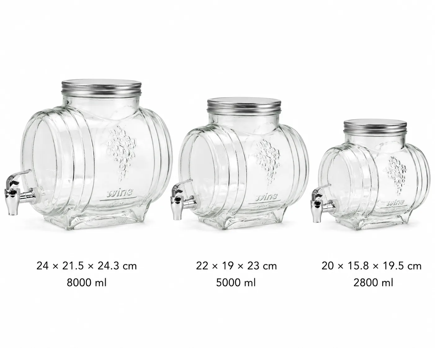 Clear wine barrel glass dispenser set in three sizes