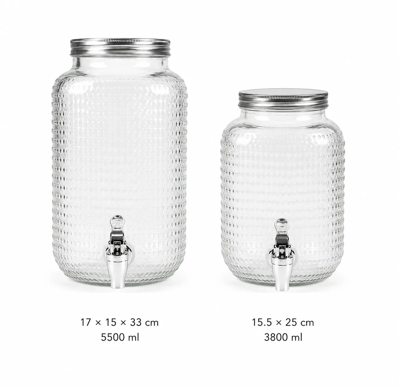 Clear hobnail glass dispenser set in two sizes