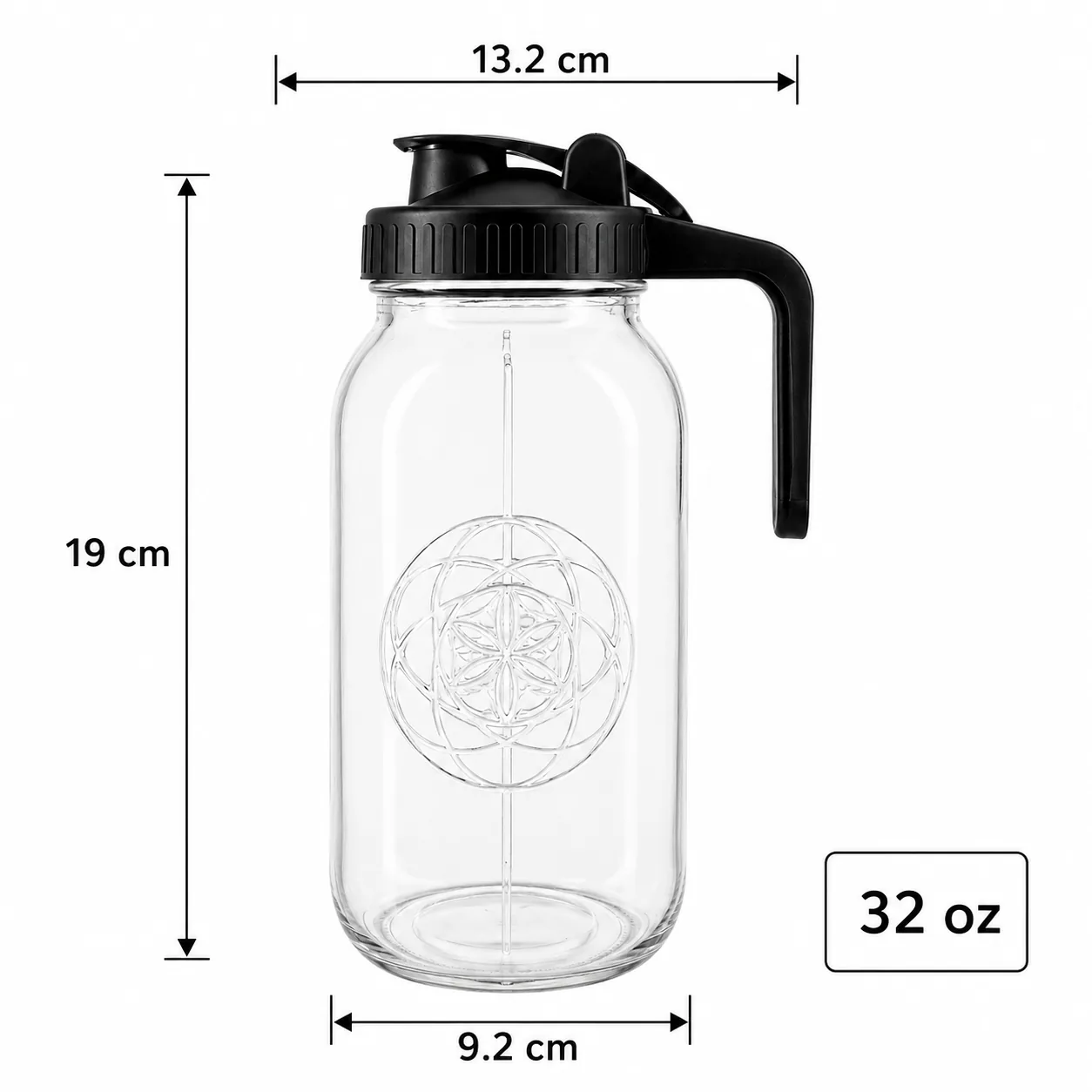 Geometric embossed 32 oz glass beverage dispenser with handled pouring lid
