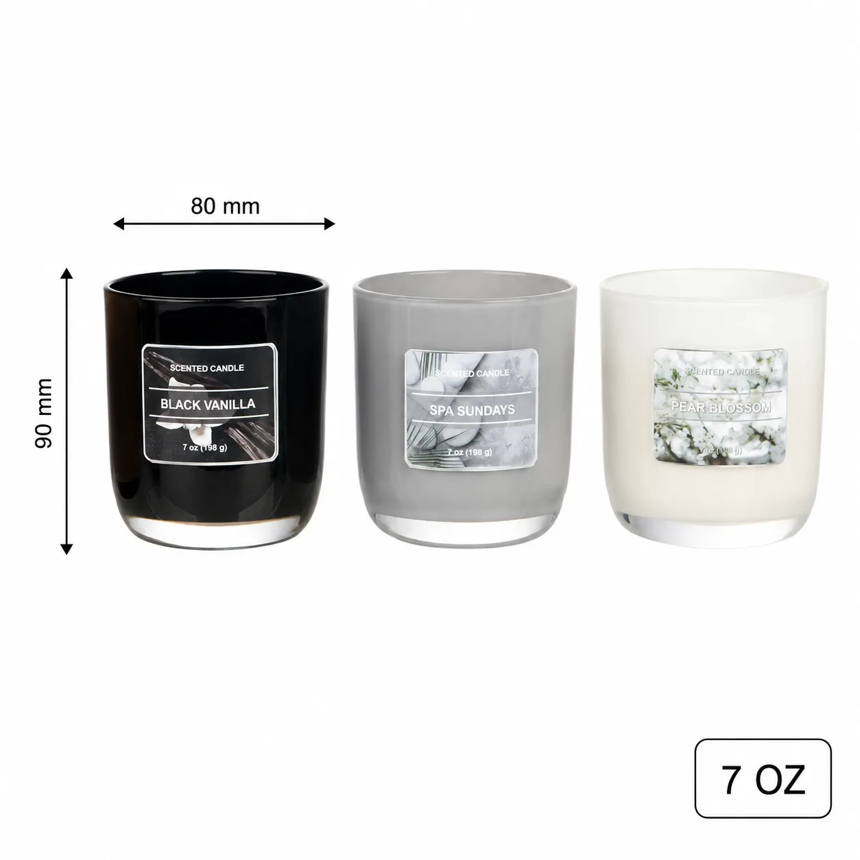 7 oz glass candle jar measuring 80 mm diameter by 90 mm height