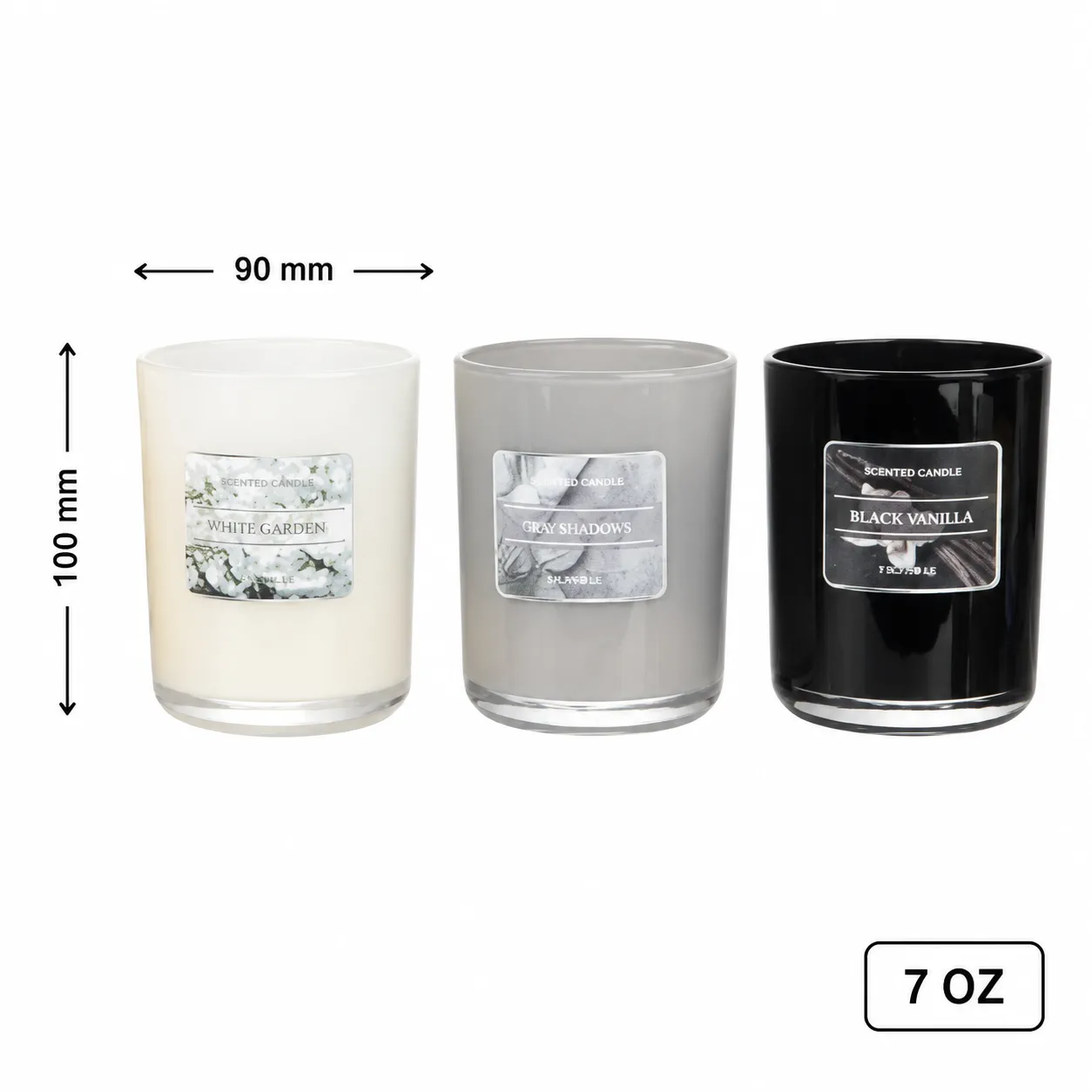 7 oz tall glass candle jar measuring 90 mm diameter by 100 mm height