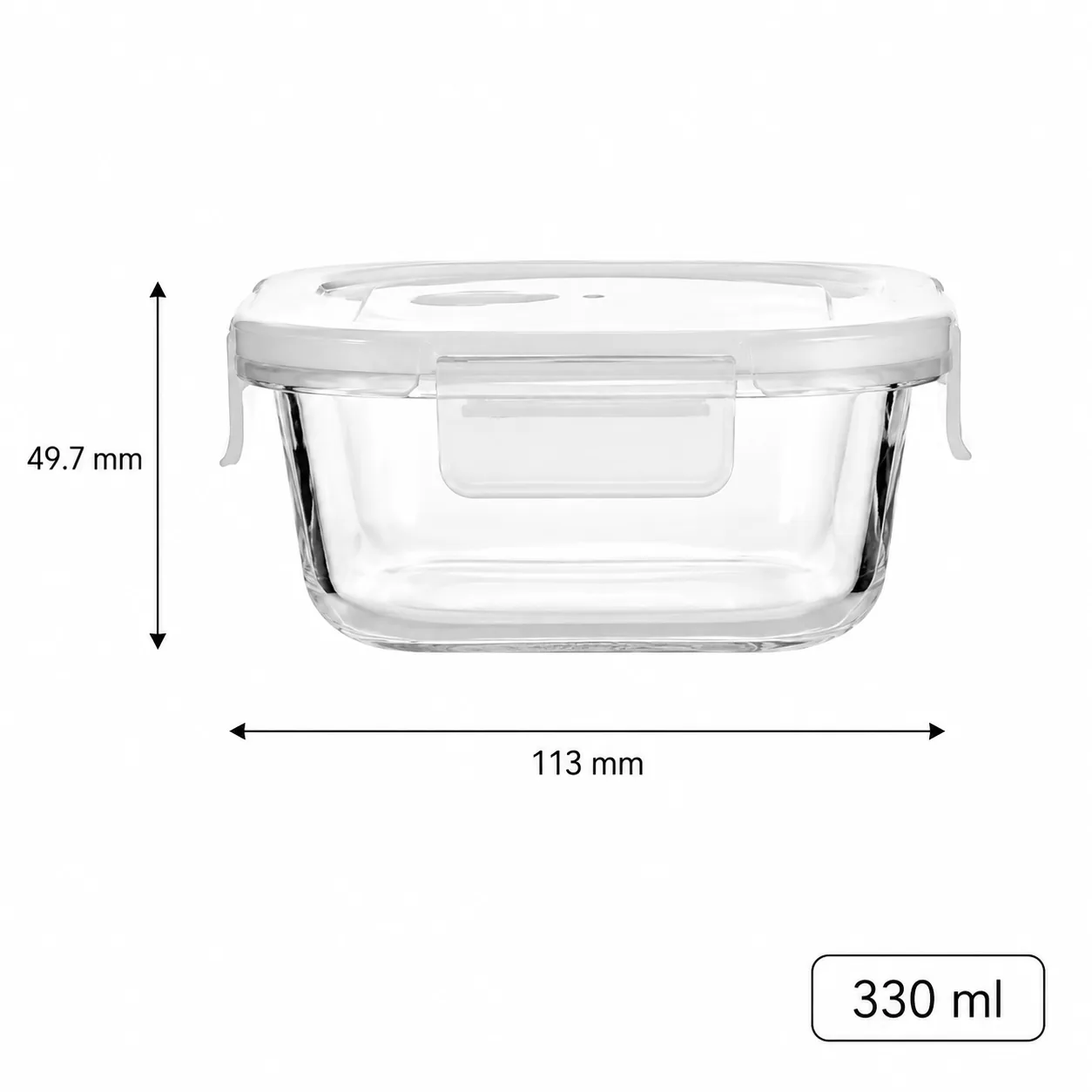 Compact rectangular 330 ml glass food storage container with locking lid