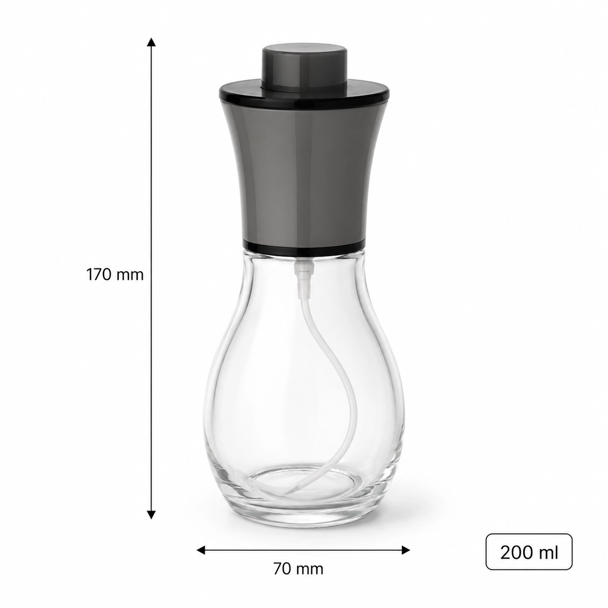 Round 200 ml clear glass oil sprayer with a black pump cover