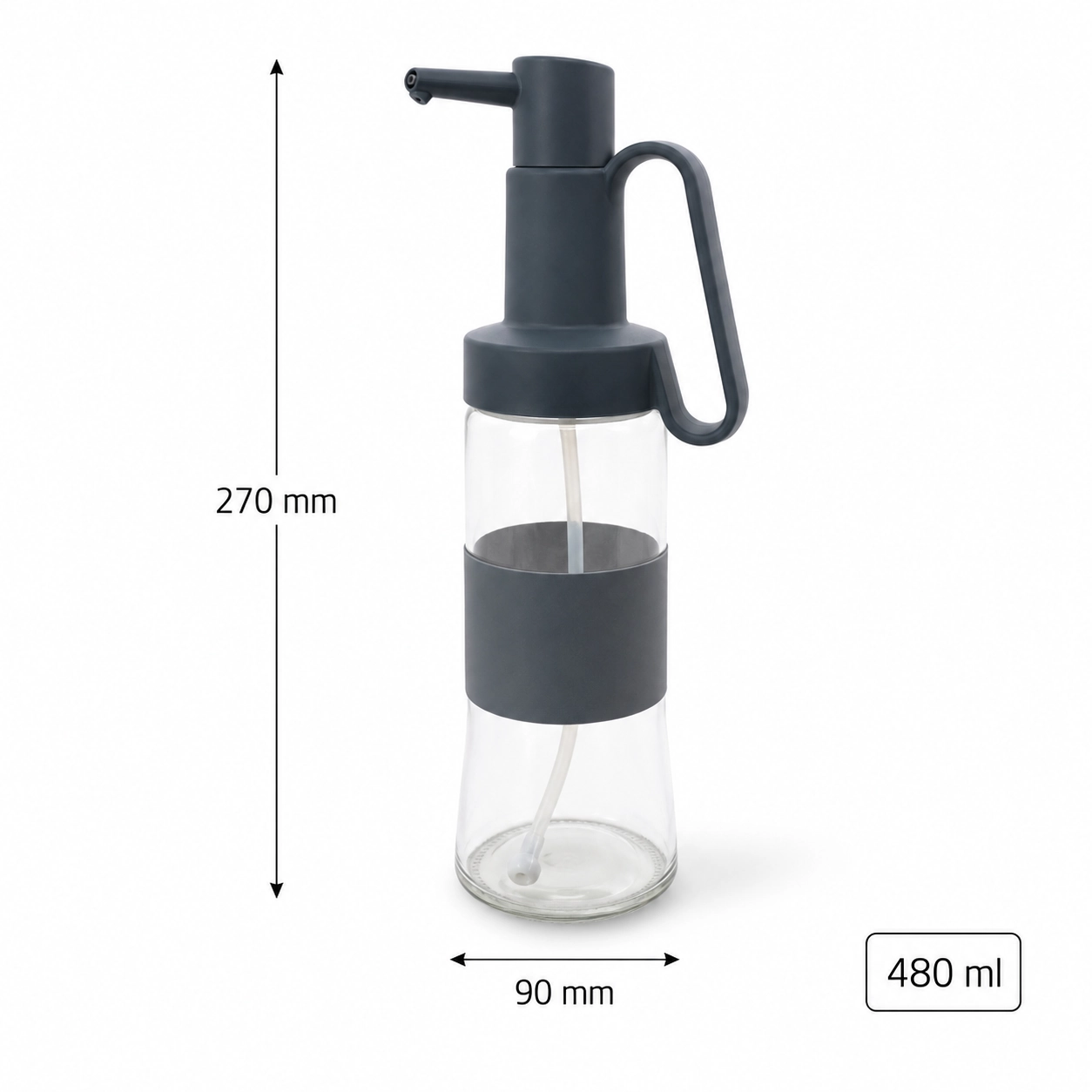 Tall 480 ml clear glass oil sprayer with black pump and handle