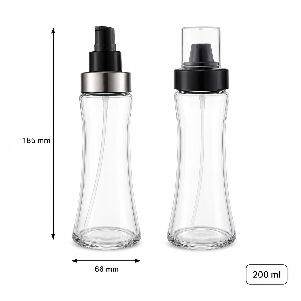 Two 200 ml clear glass oil spray bottles with black pump tops