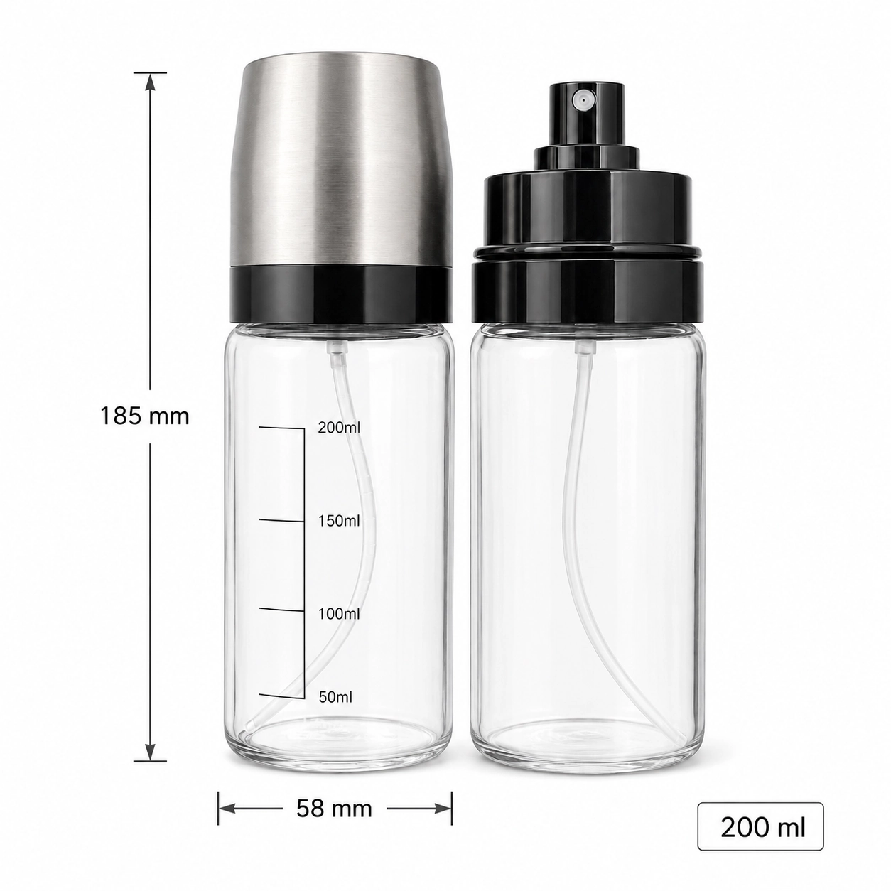 Two 200 ml cylindrical glass oil sprayers including a graduated bottle