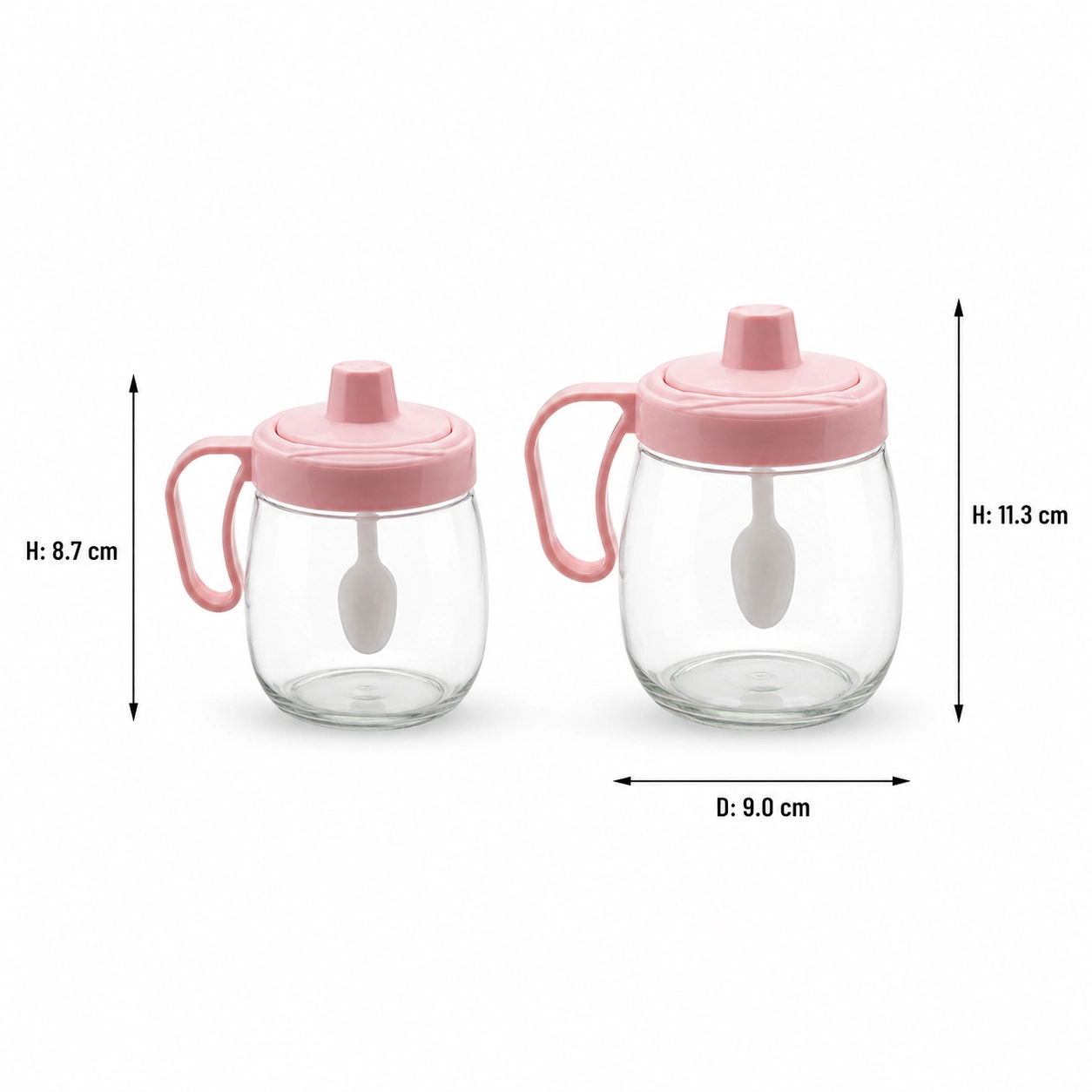 Pink lid glass seasoning jars with handles and matching spoons in two sizes