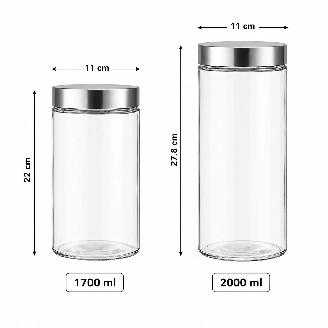 Tall glass storage jars with stainless steel style lids in 1700 and 2000 ml sizes